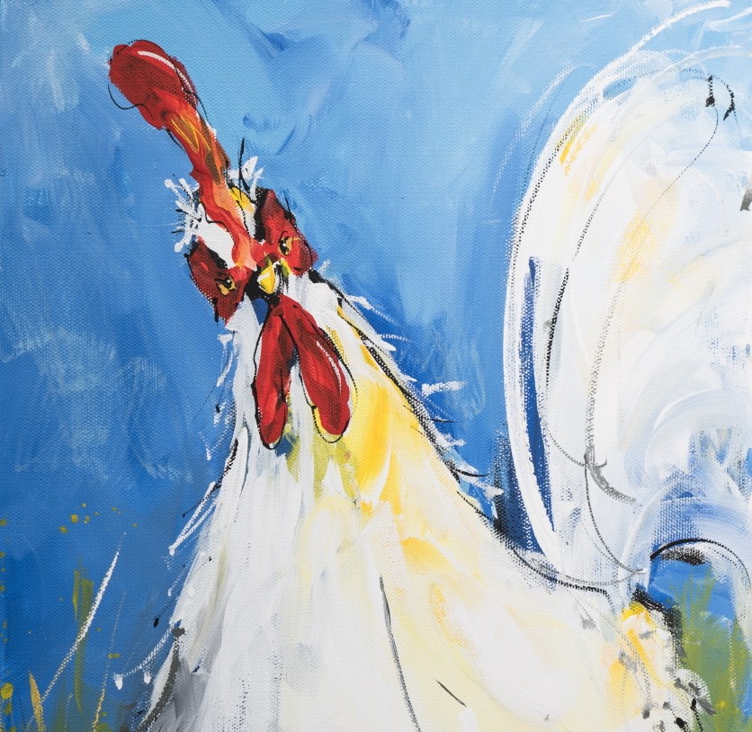 illustration of Whimsical chicken hen creating fun farm scene.
humor, attitude, white, feathers, country, rural, greeting cards, birthday, question, wonder, branding bird chickens humorous inquisitive question questioning agriculture food egg eggs