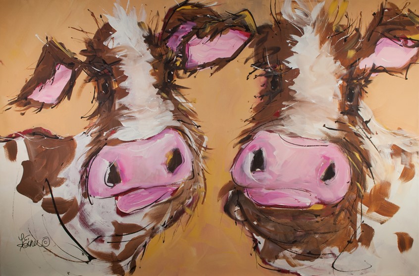 illustration of Whimsical Jersey cow twins from the farm, friends, co-workers, snout, fuzzy, curious, country, rural, humor, greeting card, both, question, siblings, spouse, advertising humorous animal animals critter critters nose nosy brown