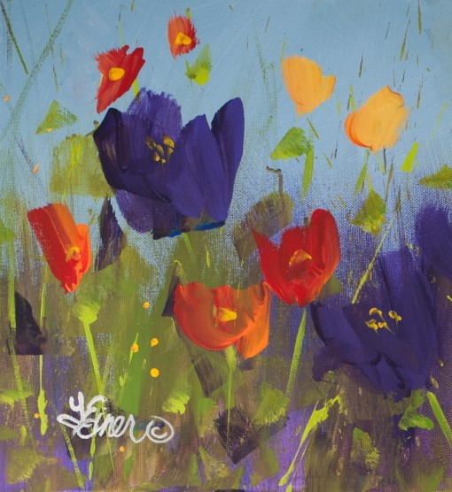 illustration of Impressionistic floral flower painting, field, purple, red, yellow, brushstrokes, greeting cards, advertising, kitchen, hospitality, corporate, dance flowers florals decor home wall art