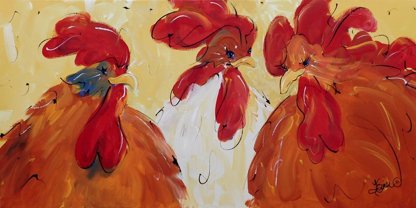 illustration of Whimsical hen party conversation among friends, co-workers, gossip, ladies, women, female, humor, farm, country, greeting cards, advertising, feathers, talk, banshee, birthday humorous