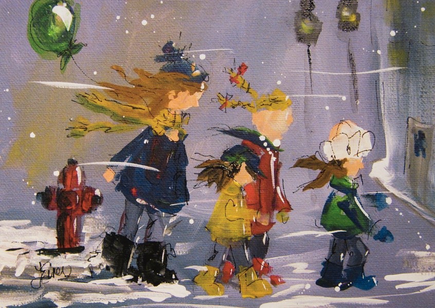 illustration of Whimsical acrylic painting. Group of children heading home in a snowstorm. Kids, juvenile, winter, wind, snow, boots, scarves, hats, cityscape, hydrant, walk, party, group, family, birthday, pigtails, greeting cards, story, picture book, cold, chill, Christmas, holiday, street, street lamp, weather