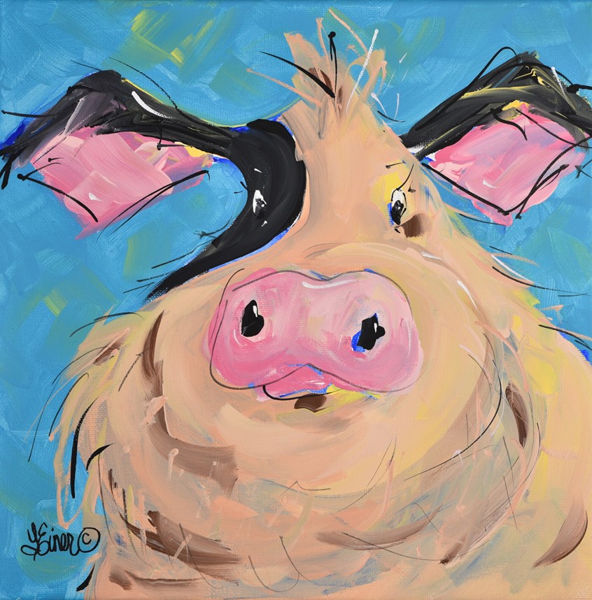 illustration of Whimsical, pig, farm, animal, country, rural, humorous, fat, obese, chubby, snout, patch, hog, greeting card, print, turquoise, flesh, pink, diet, humor, animals, critter, critters, diet, personality, flesh, children, nursery, baby, juvenile, kids