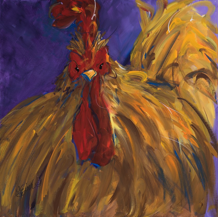 illustration of Whimsical hen with attitude and personality. chicken, farm, country, bold, colorful, humor, banshee, scowl , feathers, purple, fat, sassy, greeting cards, advertising, beak, crown, humorous, gold, egg, eggs, breakfast, food, restaurant, cafe, bistro, diner, menu, product