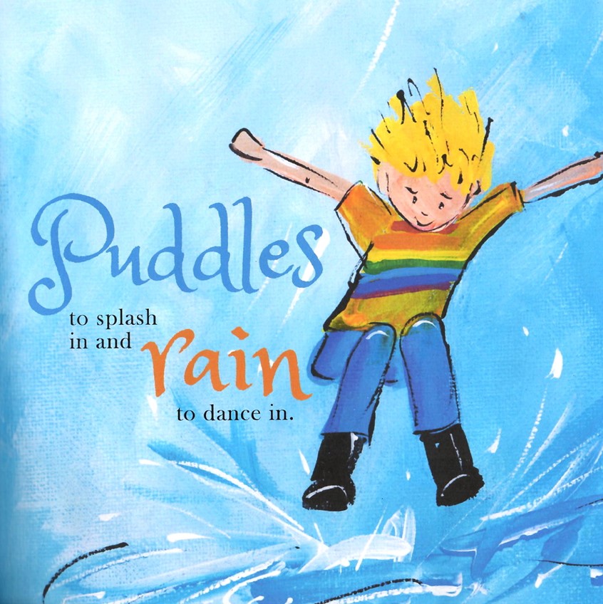 illustration of Tearsheet from picture book published with Orange Hat Publishing little boy in puddle, child, children, splash, happy, blond, rain, fun, humor, whimsical, picture book, kid, juvenile, dance