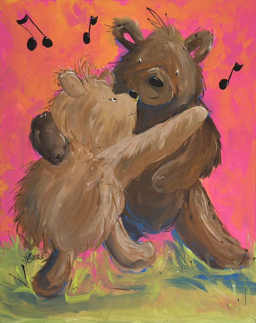 illustration of Whimsical bear couple celebrating an anniversary, dance, music, animal, critter, woodland, birthday, greeting card, happiness, spouse, partner, humor