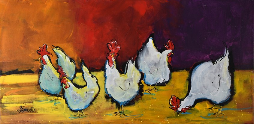 illustration of Whimsical Hen Chicken painting dinner hour, food, beverage, feed, restaurant, cafe, bistro, farm, country, rural, peck, female, women, curiousity, humor critter critters bird birds