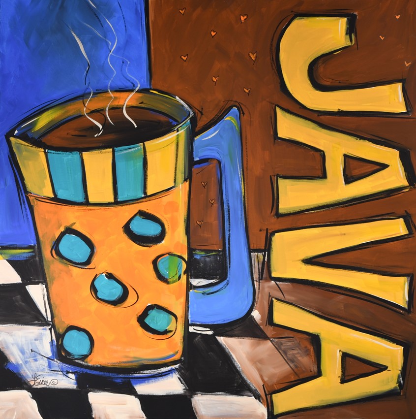 illustration of Funky coffee poster like painting created for college cafeteria, cafe, barista, beverage, food, advertising, spots, whimsical, restaurant, tile, counter, hot, steamy, mocha, chocolate, humor. branding checkered drink food