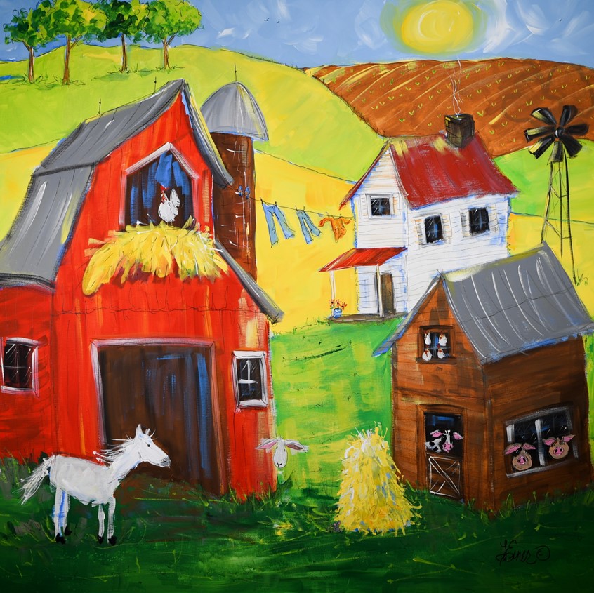 illustration of Funky farm scene with a horse, chickens, cow and goat, haystack, sun, sunshine, humor, pigs, hay, silo, fields, rural, countryside, windmill, laundry, wash, product, advertising, home humorous horses cows pig chicken hen barn barns farmhouse field crops crop agriculture