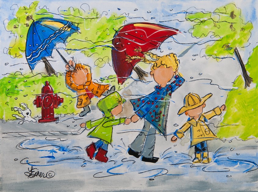 illustration of Whimsical weather scene with children in the rain and puddles, kids, city, hydrant, wind, splash, rainboots, raincoats, rainhat, blustery, juvenile, humor, product, advertising humorous windy family daycare babysitter cap boots