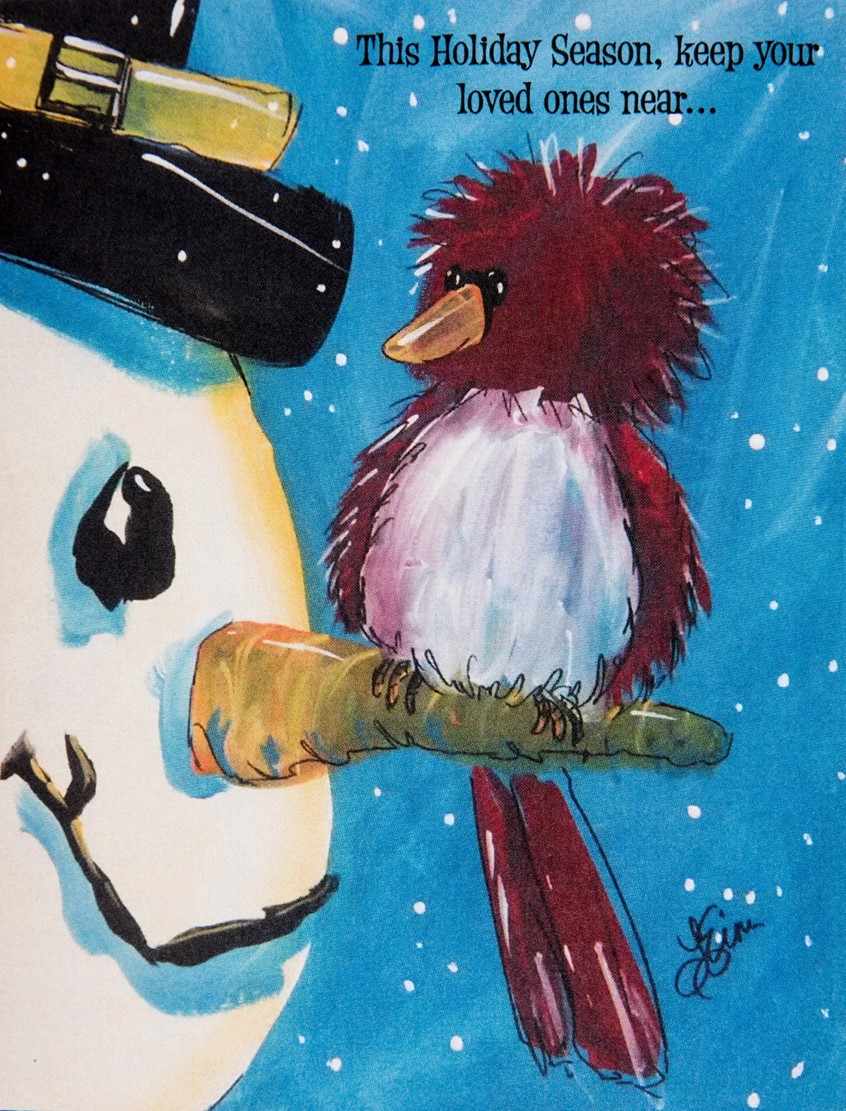 illustration of Whimsical snowman and his redbird companion, friends, perch, carrot, humor, winter, snow, weather, greeting, cold, companion bird birds red Christmas friend