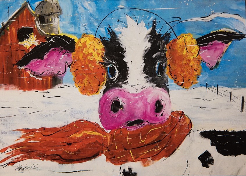 illustration of Whimsical Holstein cow out in the farmland winter, wind, cold, farm, country, rural, humor, scarf, earmuffs, Wisconsin, Iowa, silo, barn, product, advertising, snow, agriculture, travel, humorous, hello, greeting