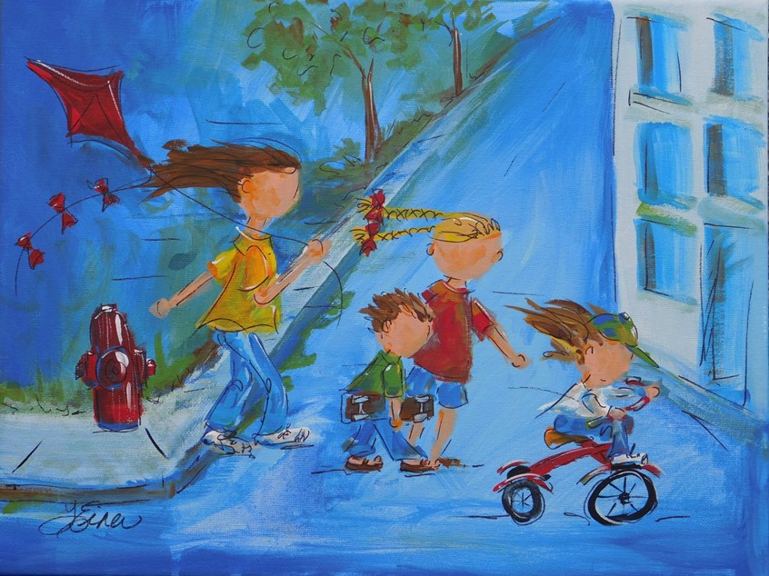 illustration of Whimsical child scene as a group of kids race to the park with kite, skateboard and tricycle, city, cityscape, juvenile, children, park, street, crossing, kite, hydrant, humor, generic