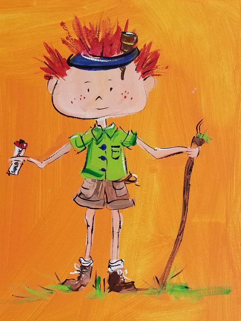 illustration of Character depiction of Neutral gender redhead, hike, hiker, walking stick, boots, kid, child, juvenile, headband, insect, grasshopper, humor, whimsical, picture book