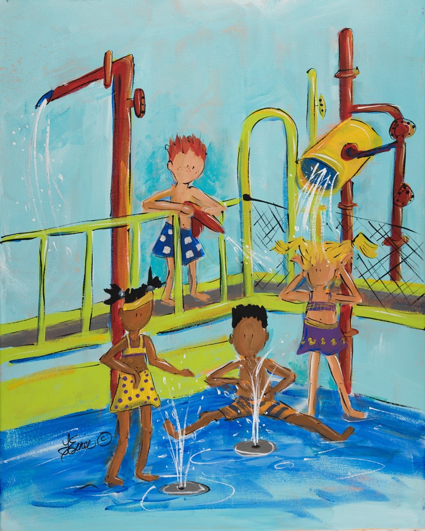illustration of Whimsical scene of diverse children playing at the swimming pool. kids, juvenile, plein air, water, park, fun, humor, brown, black, advertising humorous diversity ethnic race playground