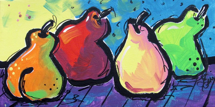 illustration of Portion of a Funky fruit pear painting reminiscent of a dance, still life, food, beverage, whimsical, wonky, restaurant, bisto, store, shop, brand, advertising, cafe