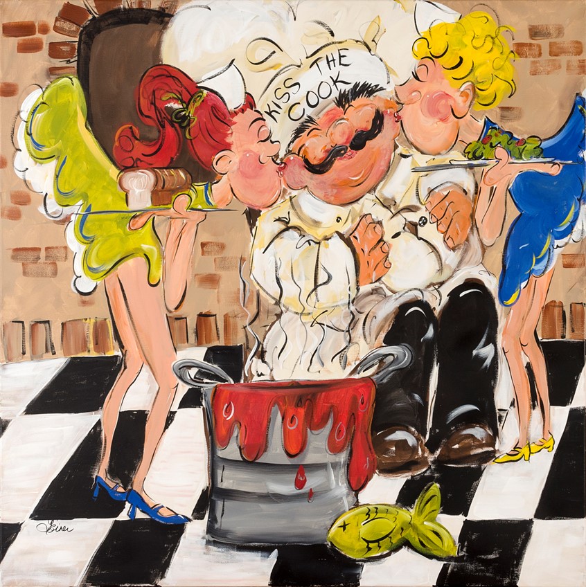 illustration of Whimsical caricature of chef and waitresses in the back kitchen of the restaurant or cafe, bistro, fish, sauce, kiss, affection, adoration, brick, platter, bread, salad, tile, belly, mustache, fat, happy, legs, ponytail, humor, greeting cards, advertising, Italian, ethnic, tile, kettle, pan