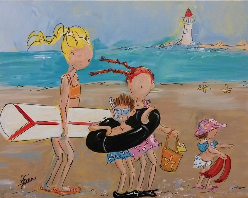 illustration of Whimsical beach coast scene with children headed to the beach including a lighthouse, surfboard, water wings, snorkel and sand pail, humor, branding, figurative, kids, juvenile, summer, sun, entertainment, vacation humorous coastal leisure