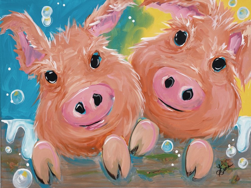 illustration of Whimsical pigs in bathtub, bathroom, animal, hog, farm, rural, country, humor, bubbles, decor, soap, clean, branding, advertising humorous decor interior design home hogs pig animals critter critters bathe wash twins siblings spouse spouses family friends