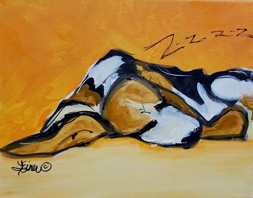 illustration of Sweet sleeping old beagle. Sweet pet painting. dog, animal, lounging, relaxed, pets, spa, branding, advertising, humor humorous kids children rescue sleep slumber snore snoring relaxation bed