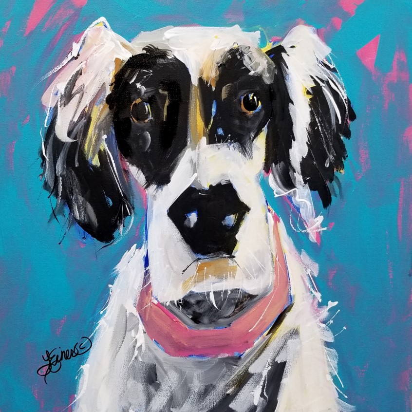 illustration of Impressionistic dog Spaniel painting, pet portrait, animal, humor, advertising, branding, collar, spots, spunk, personality humorous furry hairy rescue patch patches nose snout ears soft vet veterinary