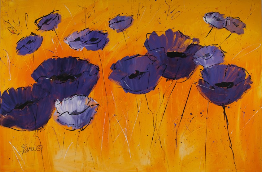 illustration of Whimsical, impressionistic, expressive Poppy floral, flowers, purple, gold, orange, hospitality, corporate, branding, greeting cards florals poppies interior design decor