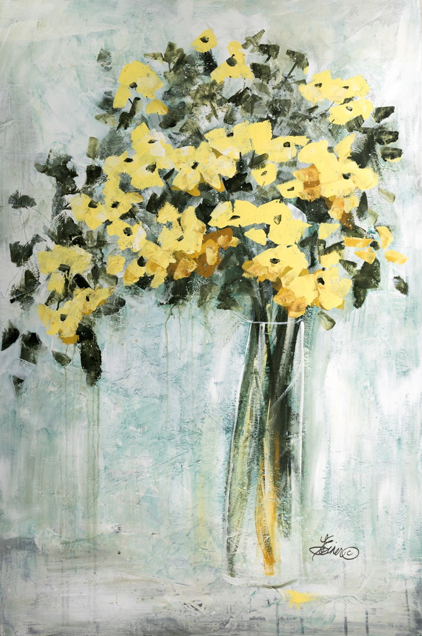 illustration of Impressionistic, layered floral, flower painting. Yellow flowers in vase. hospitality, corporate, home, decor, interior, greeting cards painterly fine art green