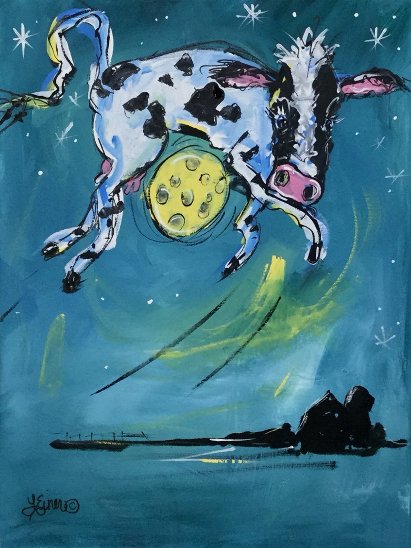 illustration of Whimsical Holstein cow scene, Holstein, moon, stars, night, evening, humor, branding, product, children, kids, juvenile, nursery, baby rural country humorous sky