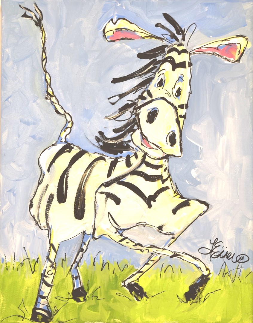 illustration of Silly zebra painting, humor, animal, Africa, safari, critter, nursery, baby, kid, children, juvenile, stripes, branding, product kids animal animals critter critters zoo adventure humorous whimsical