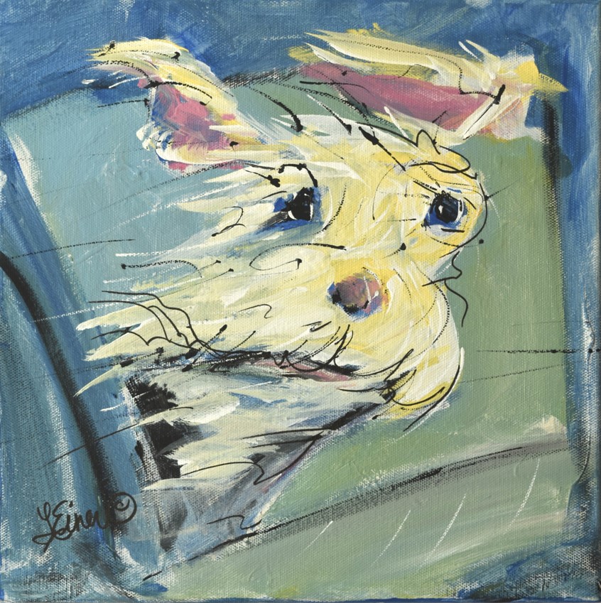 illustration of Whimsical white dog with head out the window during a car ride, transportation, vacation, journey, animal, critter, humor, product, branding, advertising animals dogs critters character rescue shelter family
