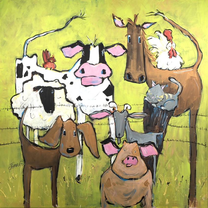 illustration of Whimsical farm animals greeting visitors, country, rural, humor, branding, advertising, dog, cow, horse, chicken, goat, pig, sheep, bird, fence, hello humorous animal critter critters gather gathering bunch group co-workers meeting crowd