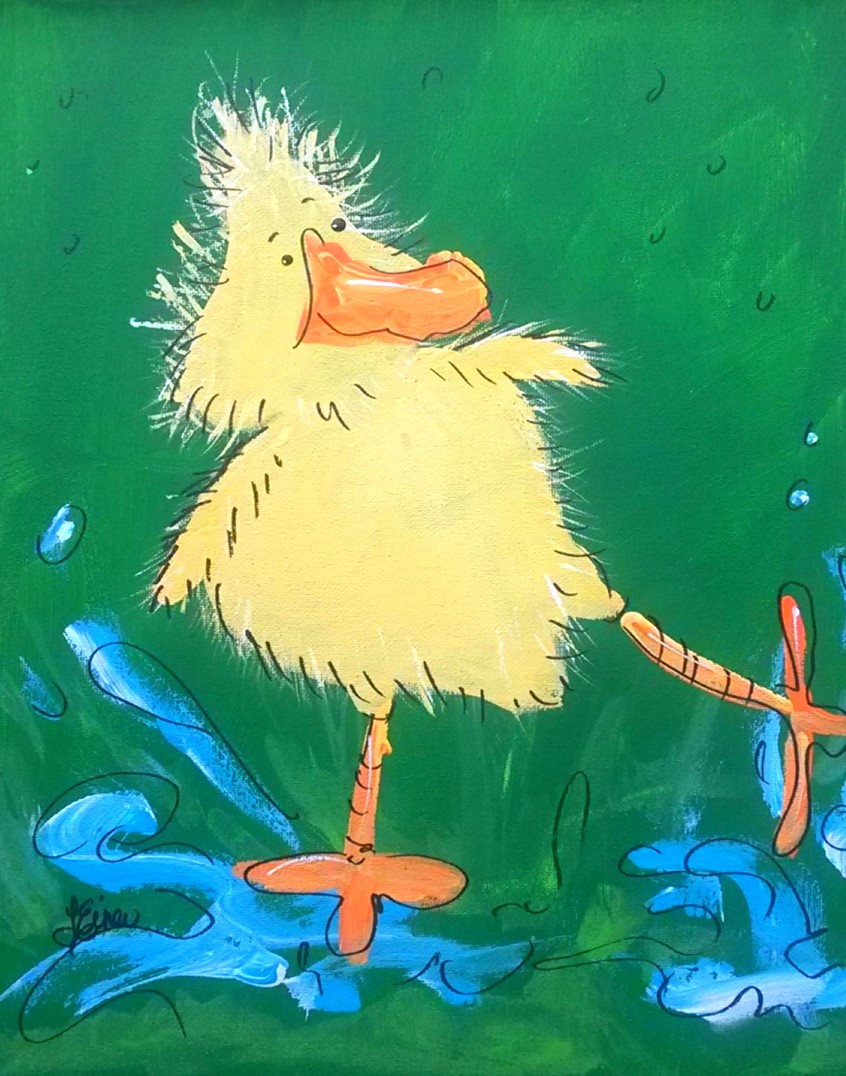 illustration of Whimsical yellow baby duck splashing in puddles. bird, humor, water, rain, weather, baby, nursery, decor juvenile interior decorating pattern patterns humorous children kids school play daycare
