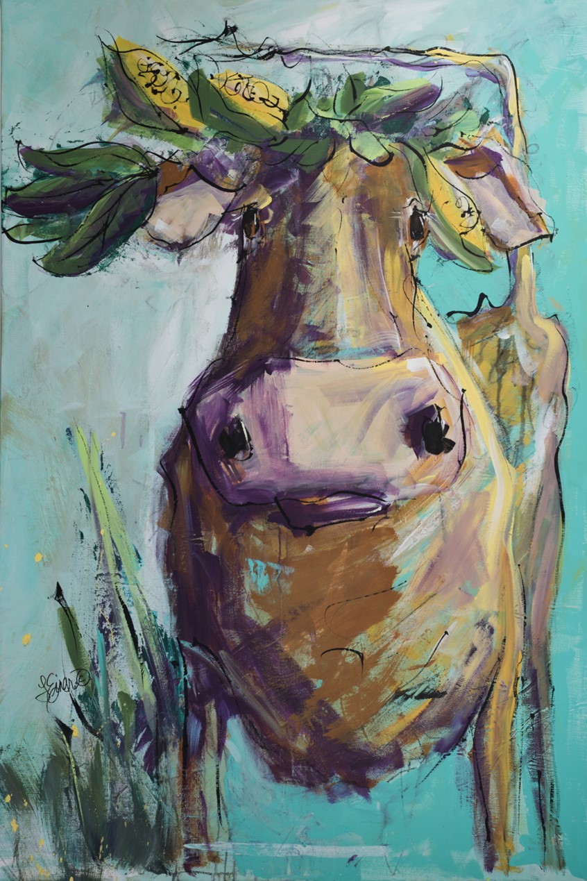 illustration of Whimsical cow out in the corn field, farm, humor, country, rural, lei, branding, advertising, product humorous cows animal animals critter critters agriculture farming food ink