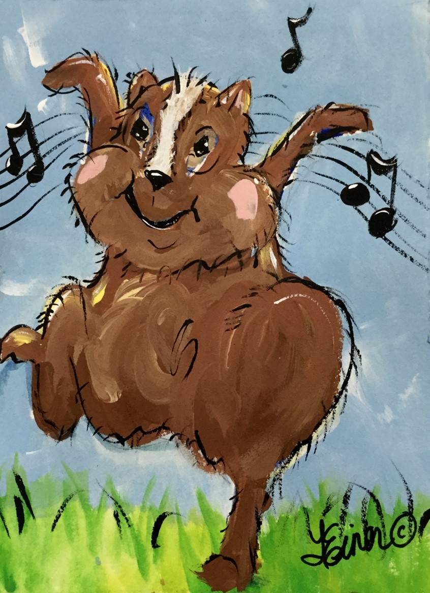 illustration of Whimsical dancing chipmunk enjoying the music, animal, critter, humor, branding, kids, children, juvenile, advertising humorous sound joy kid kids motion dance notes entertainment woodland animals critters dance humorous woodland