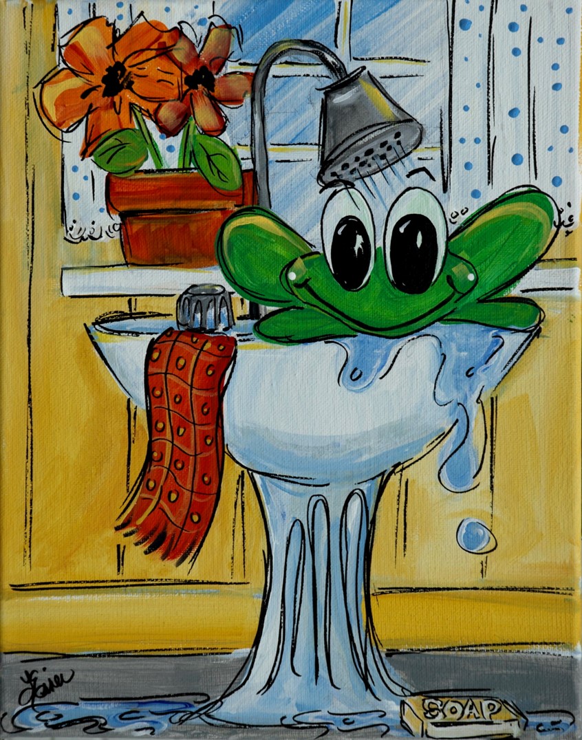 illustration of Whimsical frog taking a shower in the sink, bath, bathroom, suds, soap, flower water, yellow, green, humor, splash, greeting card, kids, juvenile, picture book, story, towel, sink, faucet, basin, window, drops, flood, clean, happy, reptile, wash, clean, bubbles, humorous