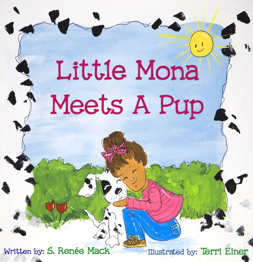 illustration of My cover illustration for Children's Book, Mona Meets a Pup, rescue, pet, pets, spots, dalmatian, dog, tulip, spring, sun, black, ethnic, kids, juvenile, dogs, children, love, empathy, books, cover, education
