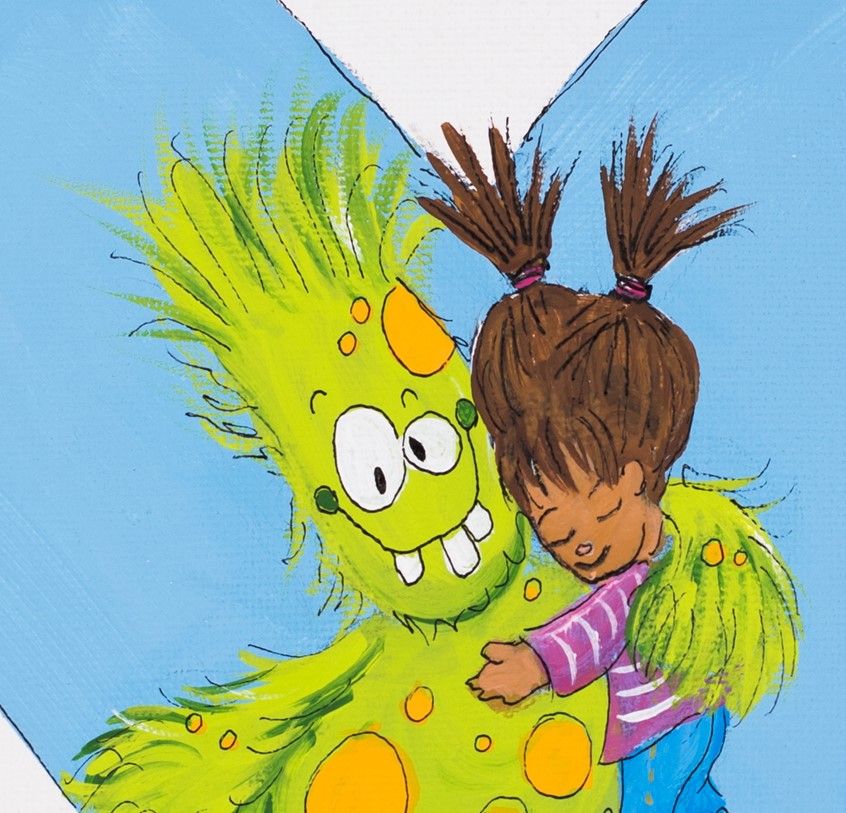 illustration of Sweet picture book about diversity and love of your fellow human, ethnic, black, monster, heart, spots, green, quirky, wonky, alien, large feet, pigtails, hugs, greeting card, kids, juvenile, toothy, grin, beast, child, children, dentist, dental
