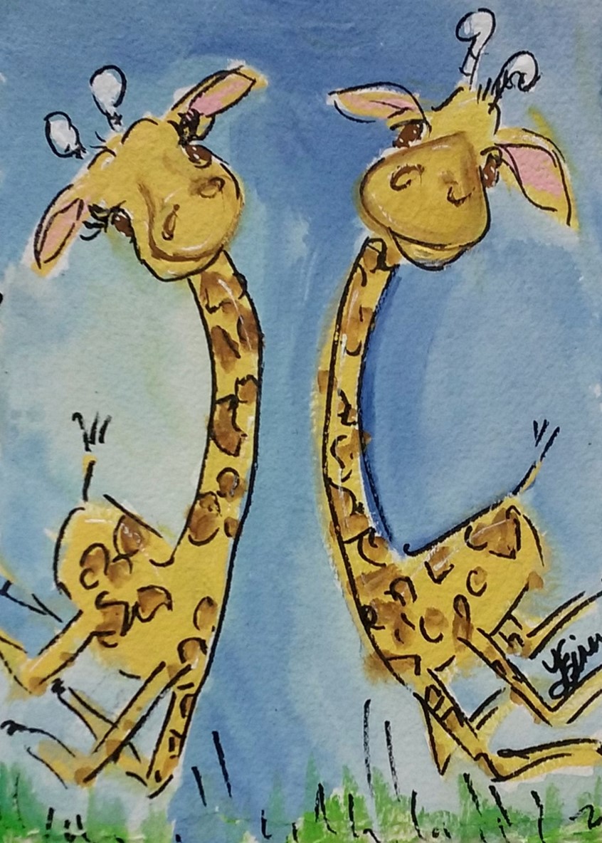 illustration of Whimsical giraffes, humor, jump, African, animals, spots, happy, birthday, advertising, kids, juvenile, leap, nursery, baby, Africa, safari, joy, happiness, humorous, critter, critters, animal, jungle, wildlife
