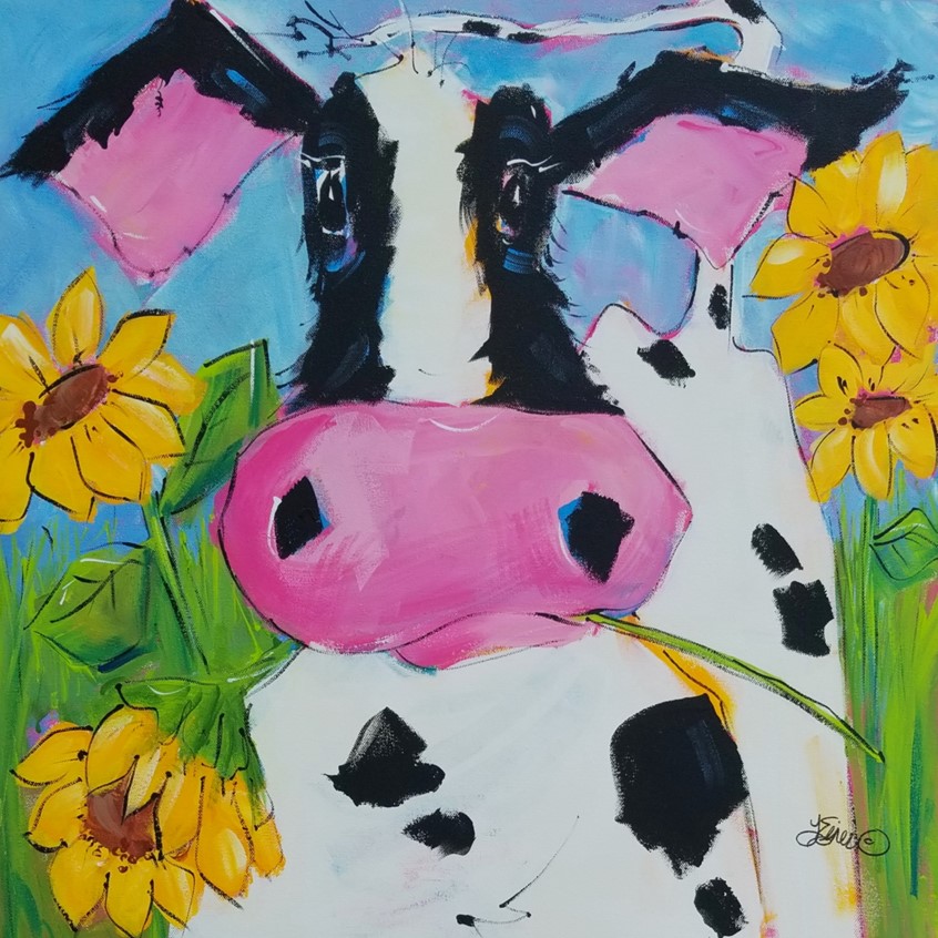 illustration of Whimsical cow, sunflowers, flowers, summer, field, munch, curiousity, Holstein, Wisconsin, humor, food, product, field, farm, animal, critter, Iowa, California, cheese, dairy, country, rural, humorous, whimsy, crop, crops