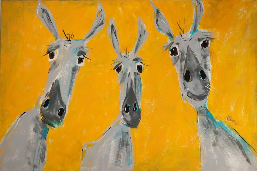 illustration of Hilarious donkey trio donkeys ass animal animals critter critters humorous humor whimsical farm ranch country burro rural orange gray grey cantalope turquoise wonder curiosity curious Mexico Mexican South America