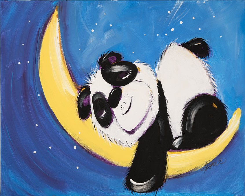 illustration of Sweet sleeping panda bear. nursery juvenile children baby babies sleep nap napping moon stars animal animals critter critters space night nighttime snooze relax kid kids