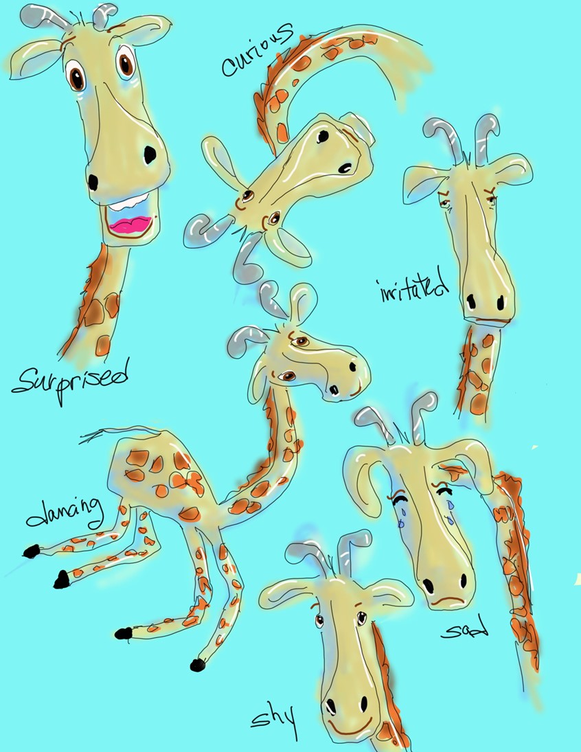 illustration of Giraffe character study. giraffes safari Africa wildlife animal animals children kids juvenile picture book emotion emotions books board critter critters zoo daycare school feeling feelings spots irritated dancing surprised curious shy sad unhappy mood moody