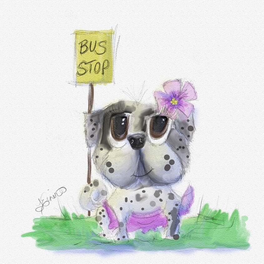 illustration of character study watercolor dog puppy spots bus ride pet pets dogs animal animals school daycare petunia flower children book kid kids juvenile young