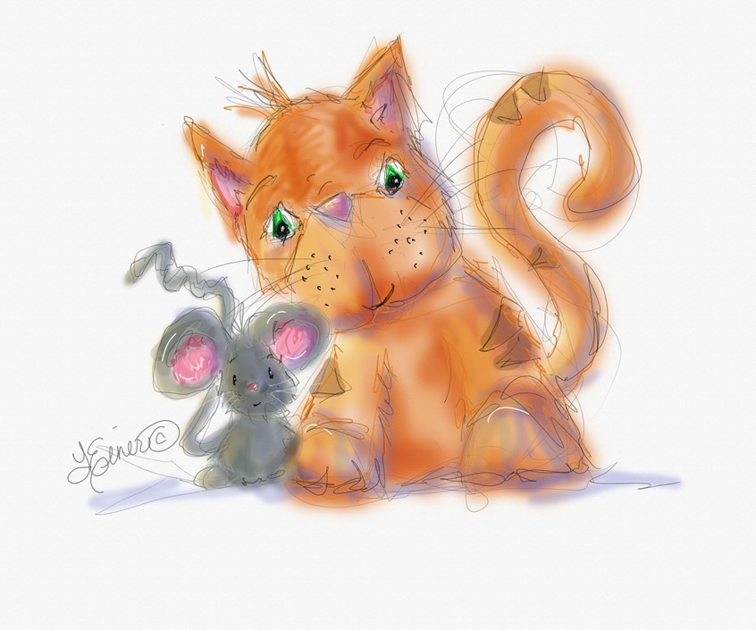illustration of whimsical buddies buddy friend friends pal pals cat cats mice mouse tabby pet pets animal animals critter critters pink orange stripe stripes