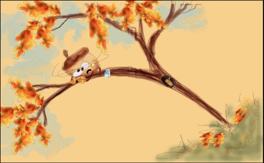 illustration of Picture book illustration acorn forest woods nut nuts dizzy height heights tree squirrel acorns children kids kidlit autumn fall phobia leaves leaf shoe shoes