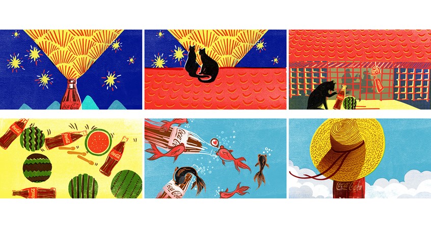 illustration of Pitch Design for Coca Cola- Japan, celebrating the summer fun in a printed style.
Developed at chrlx, 2015.
ECD: Ryan Dunn
*Poster, beverage, branding, commercial, soda, Bright colors, celebration, summer, fun, japan, cat, fireworks, goldfish.