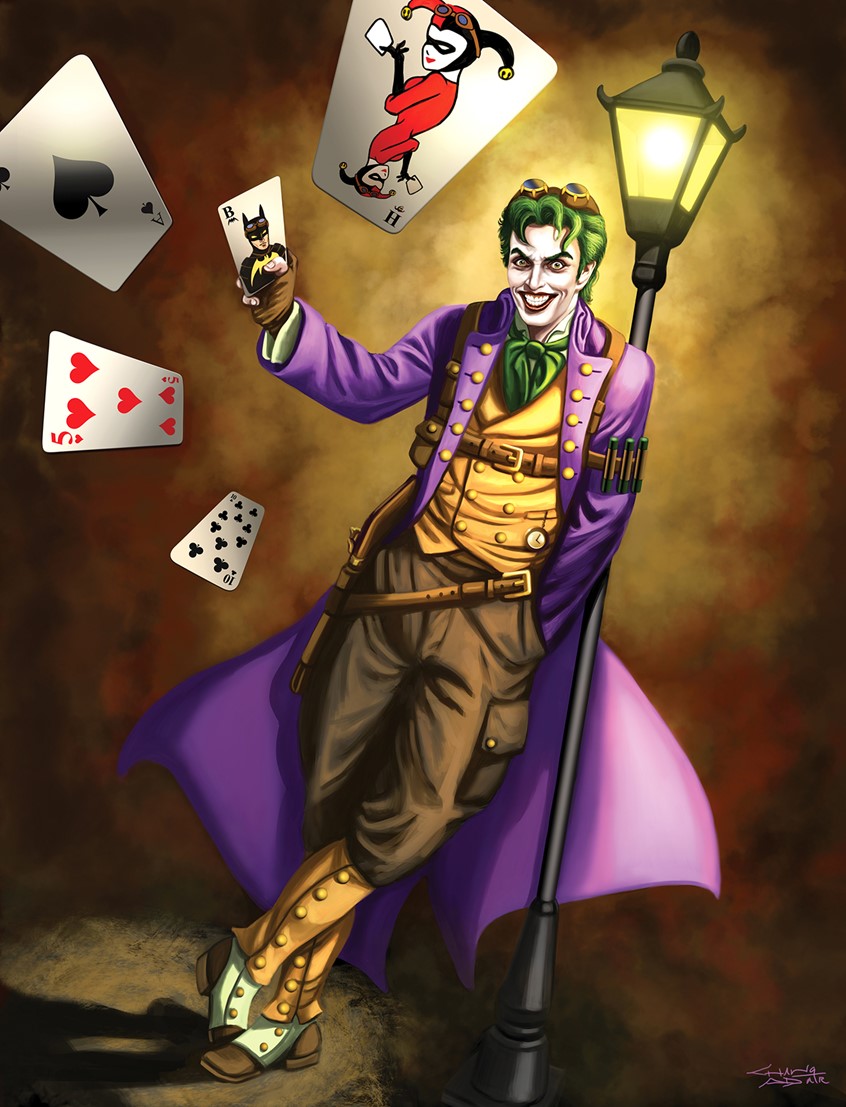 illustration of Steampunk Joker, DC's super villain is re-imagined as a steampunk character. He leans against a lamp post, flinging playing cards and grinning his mad smile. This was done for a private commission. Joker © DC Comics.