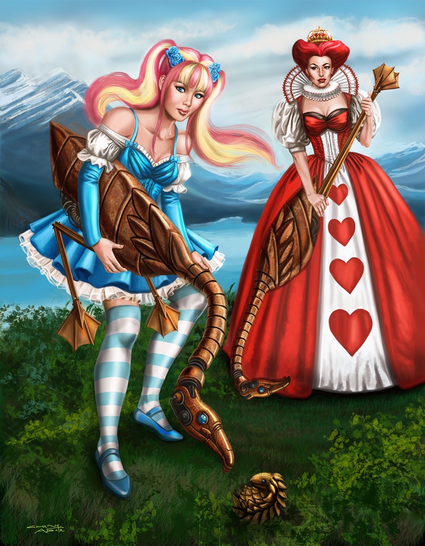 illustration of Alice in Wonderland is re-imagined as a Steampunk, Gothic Golita Harajuku Girl. She is playing croquet using mechanical swans with the villainess, Queen of Hearts. A hedgehog doubles as the ball. This was published in Heavy Metal in a gallery devoted to Sandra Chang-Adair. It was also published in SQP's Steampunk Rising: The Art of Sandra Chang-Adair.