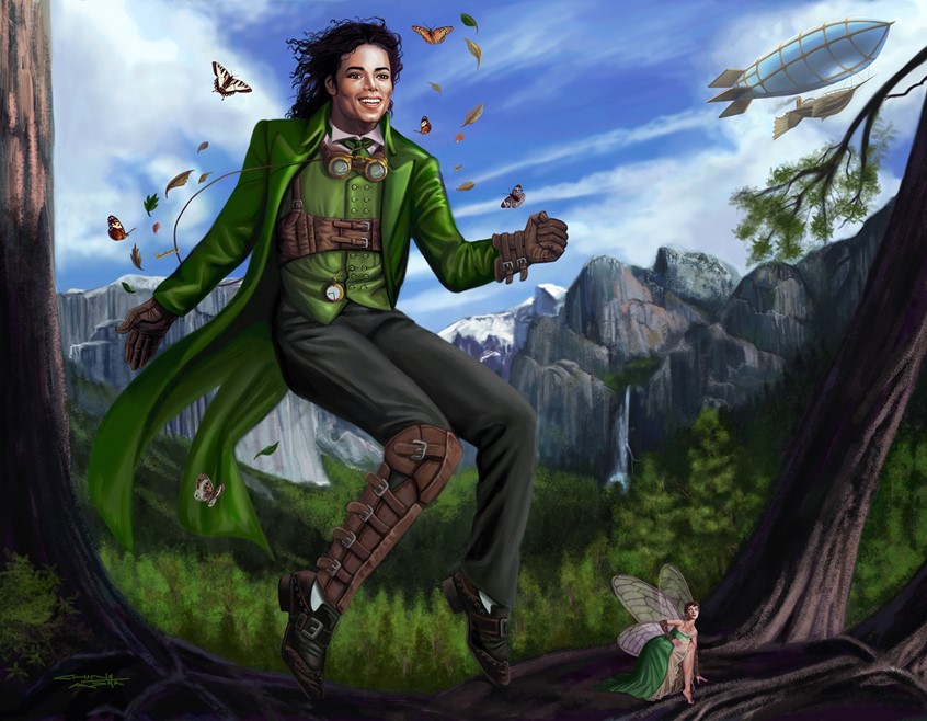 illustration of Michael Jackson, the King of Pop, is depicted as his favorite character, Peter Pan, in a Steampunk style. He dances on top of the mountain with Audrey Hepburn as Tinkerbell. This was published in the oversized