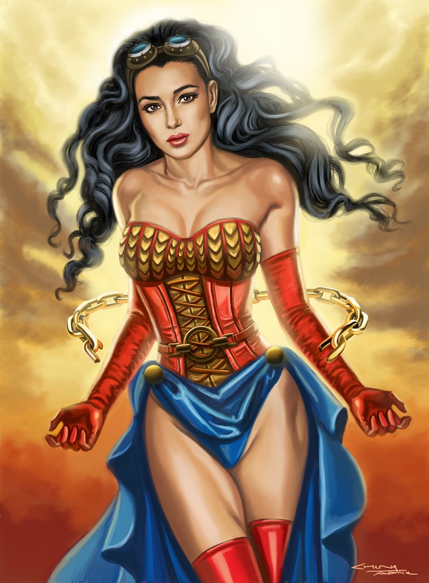 illustration of Wonder Woman is dressed in a Steampunk Victorian blue, red and gold outfit. I'm sure Charles Moulton, her comic book creator would approve! Here she breaks the chains of men, asserting her independence in front of the sunrise, heralding a new age of woman liberation! Her likeness is inspired by the beautiful Italian Actress, Monica Bellucci. This painting was published in SQP's Steampunk Rising: the Art of Sandra Chang-Adair. Wonder Woman © DC comics.