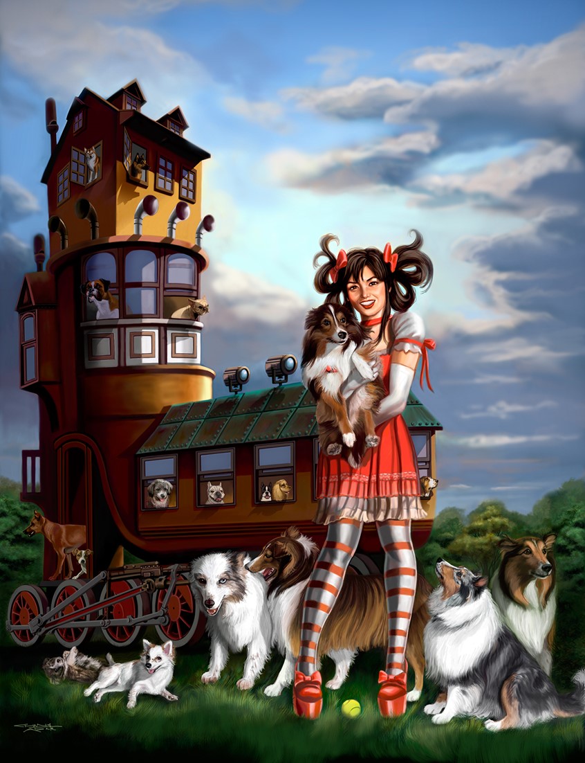 illustration of A re-interpretation of Old Woman in a Shoe nursery rhyme. A young Eurasian girl has dogs in place of children. The old shoe is replaced with a steampunk roller skate with train wheels. Lots of dogs frolic and play: Shetland sheepdogs, Australian shepherd, a terrier mix, a chihuahua/pomeranian mix, French Bulldogs, Sharpei Mix, Boxer, Shibu Inu, Cocker Spaniel, Boston Terrier, German Shepherd, a Jack Russell terrier and a Bassett Hound.